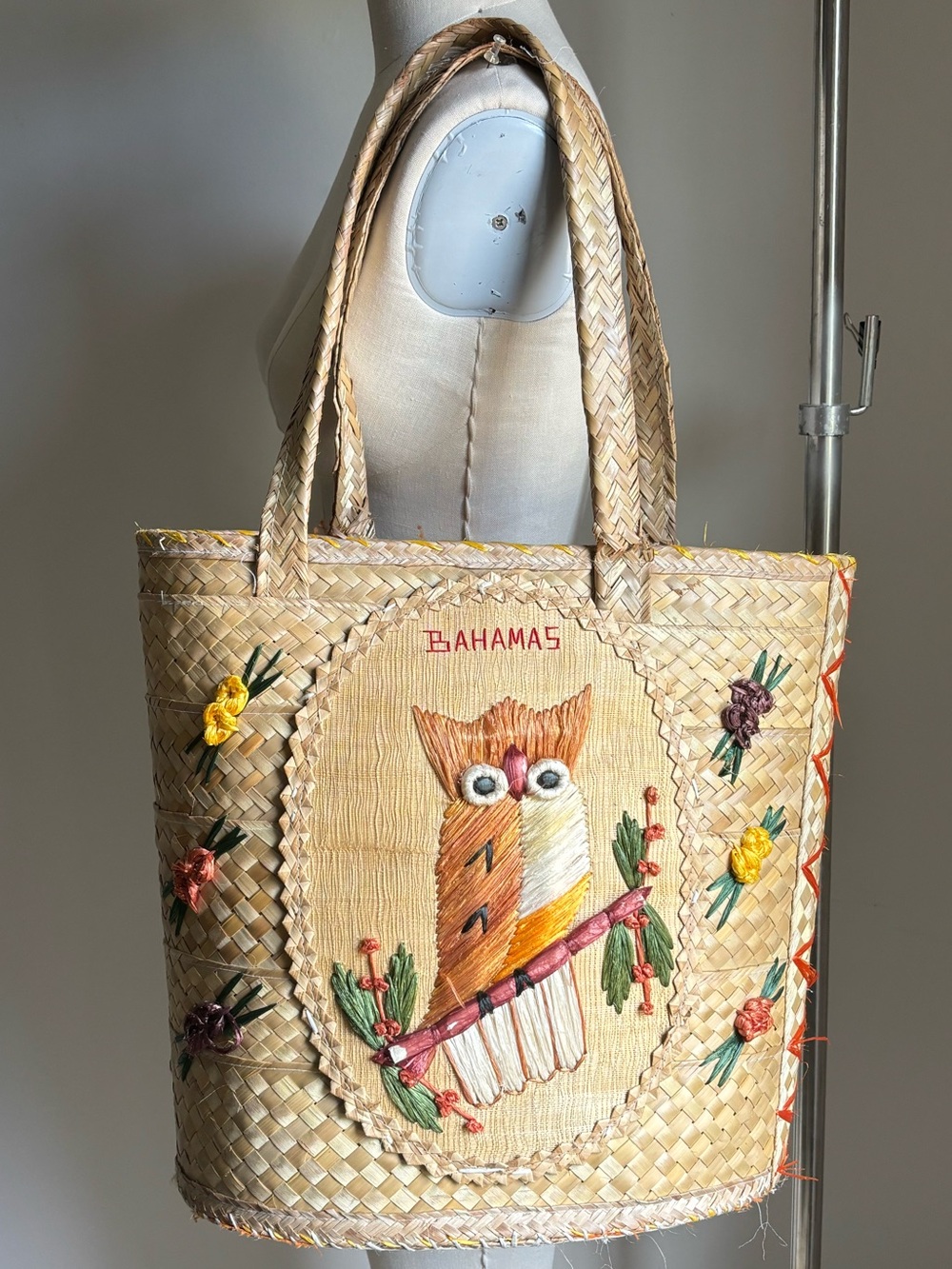 Handwoven Straw Bahamas Tote with Embroidered Owl - Natural Large